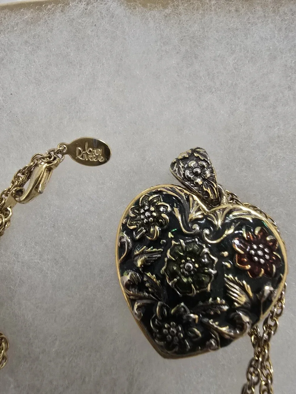Vintage Joan Rivers Heart Pendant Necklace with Green Enamel and Crystals